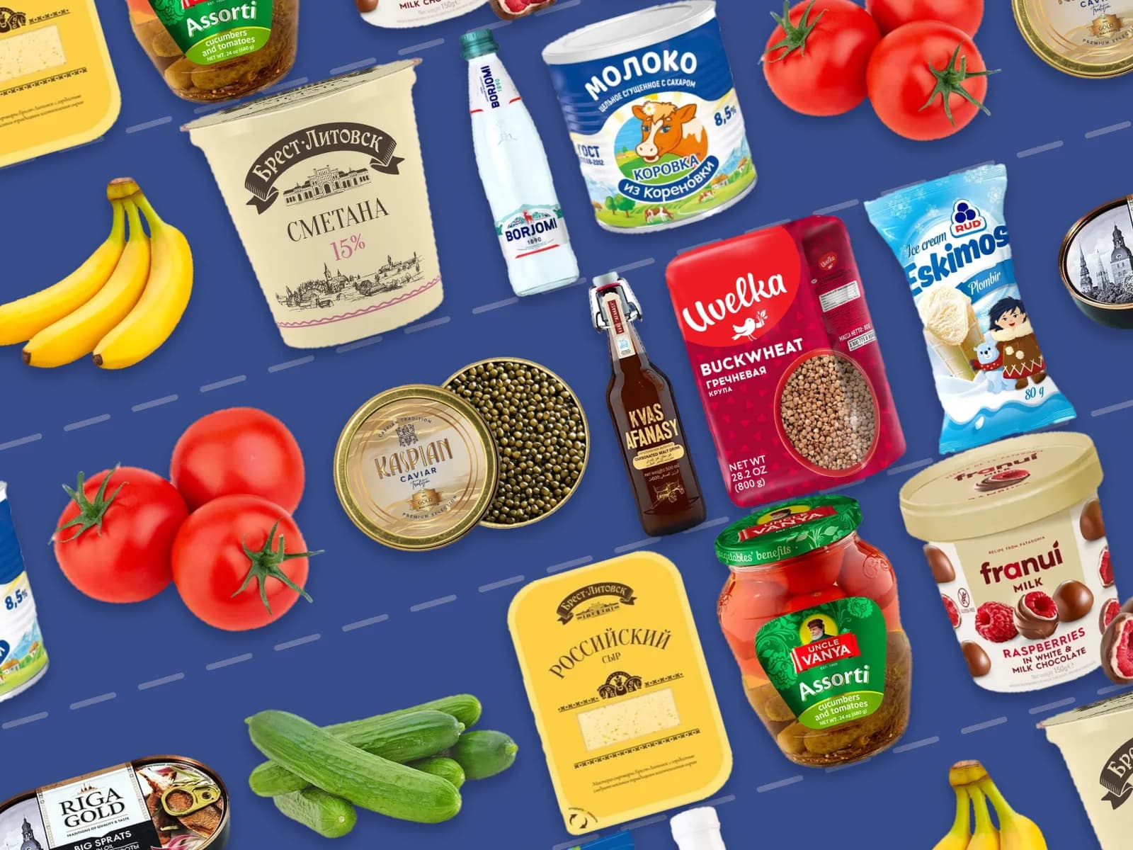 Sour cream, caviar, Borjomi, kvas, buckwheat and sprats from the Pechka Market shelves